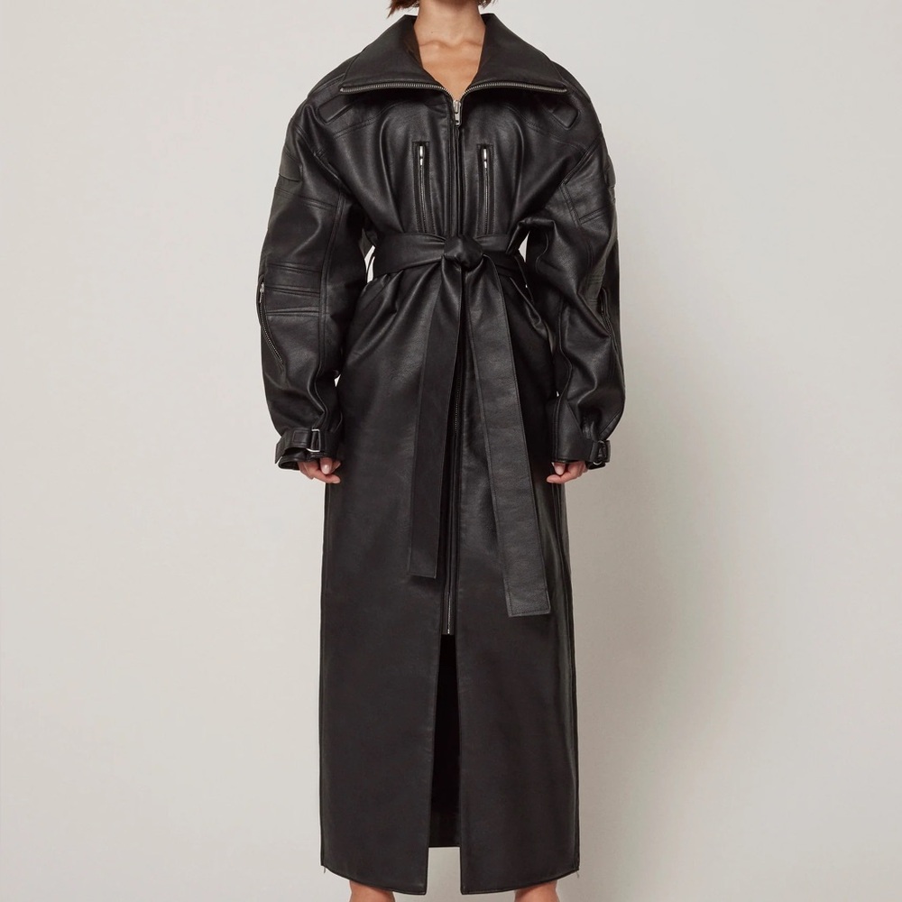 Khy x Namilia Black Faux Leather Trench Coat with Belt